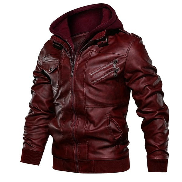 men Hooded leather jacket Fur warm Leather winter leather coat 